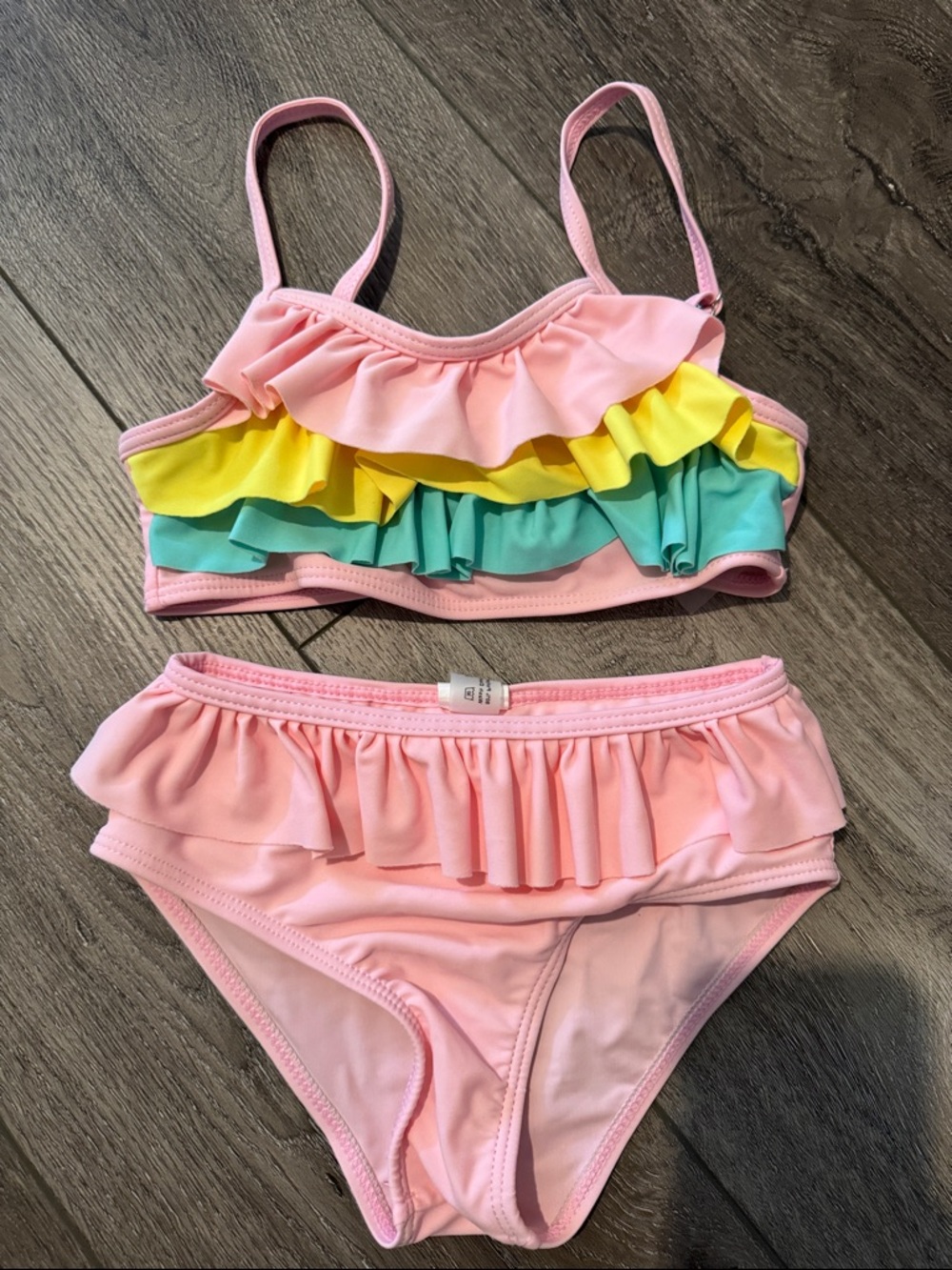 SHEIN Pink Ruffle Kids Bikini with Yellow and Teal Accents